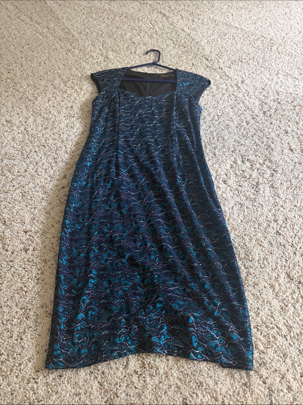VfEmage Teal & Black Floral Lace Midi Dress